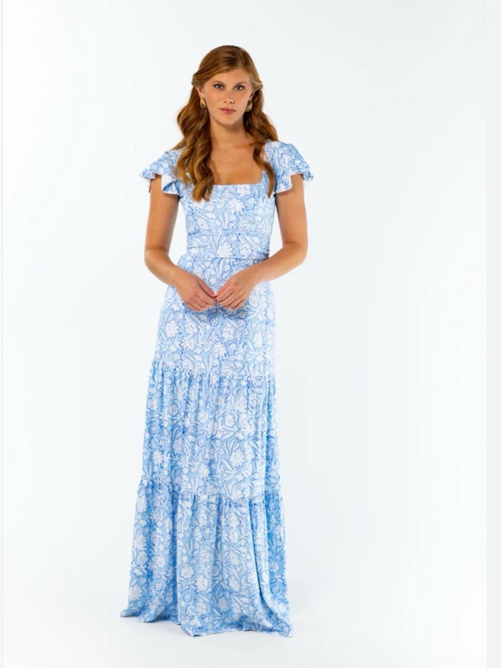 Light Blue Floral Maxi Dress with Square Neckline and Flutter Sleeves - Picture 1 of 8